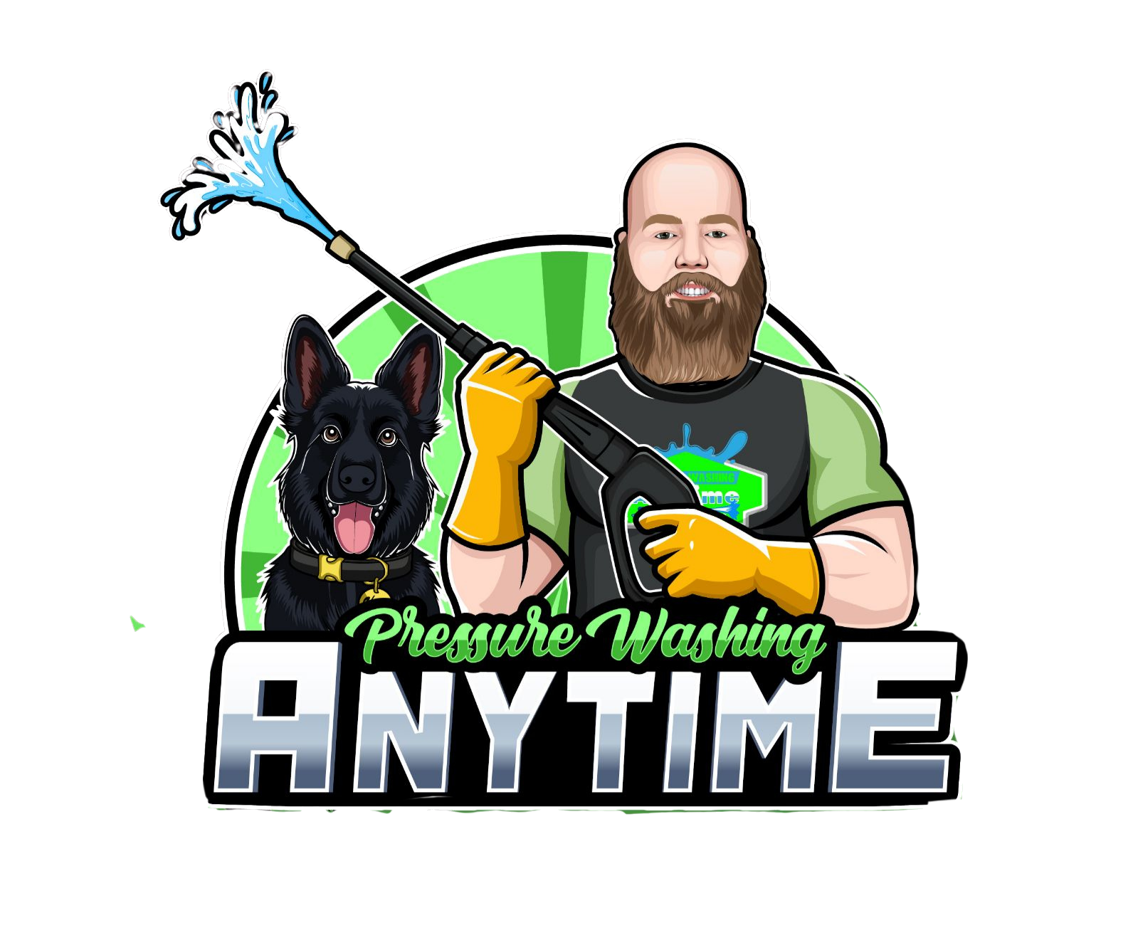 Pressure Washing Anytime illustrated logo with Don and a German shepherd